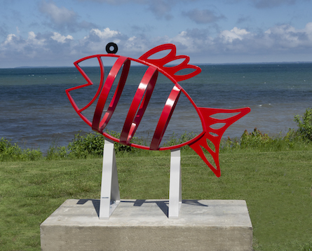 Installation photo of red fish sculpture